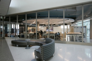 The design studios at Kean University's Robert Busch School of Design, which are located in the Green Lane building,  are visible to immediately engage everyone who arrives at the 5th floor, two-story lobby.
